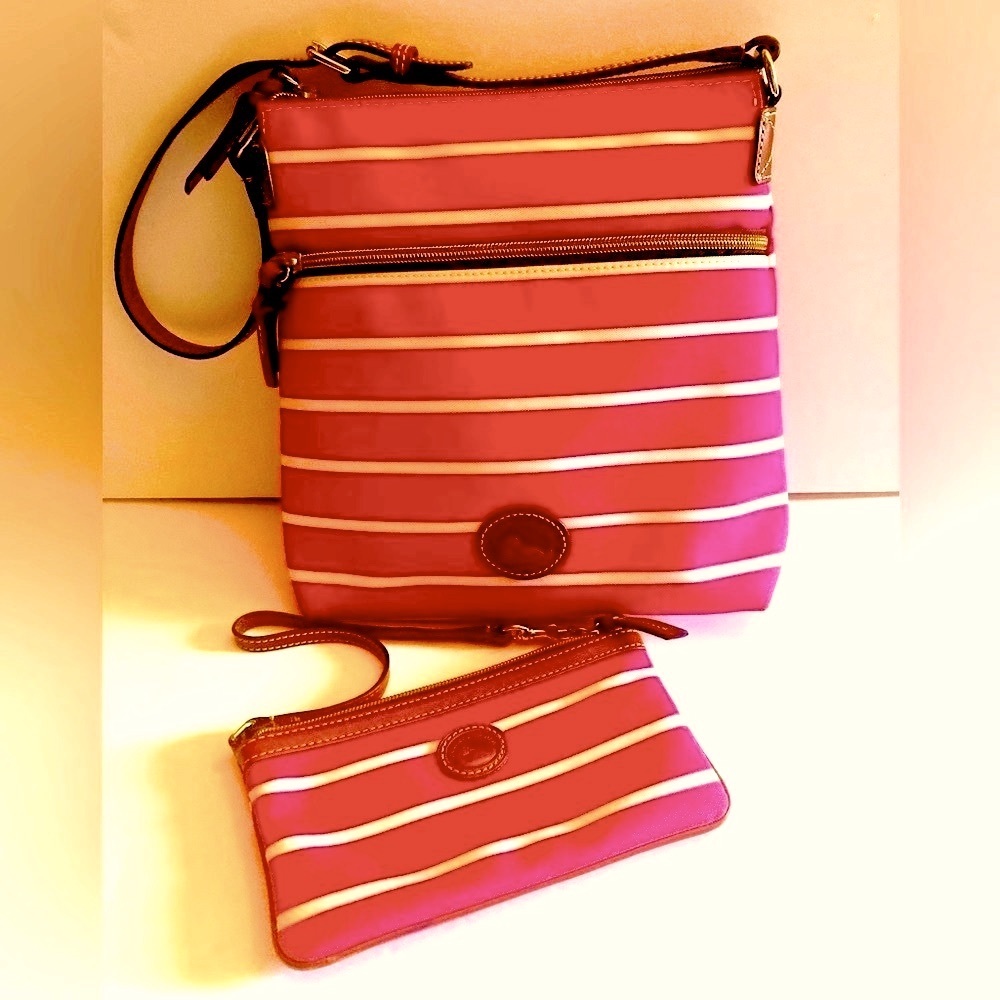 Dooney & Burke Pink & White Striped Handbag & Wristlet Set ~Perfect for Summer